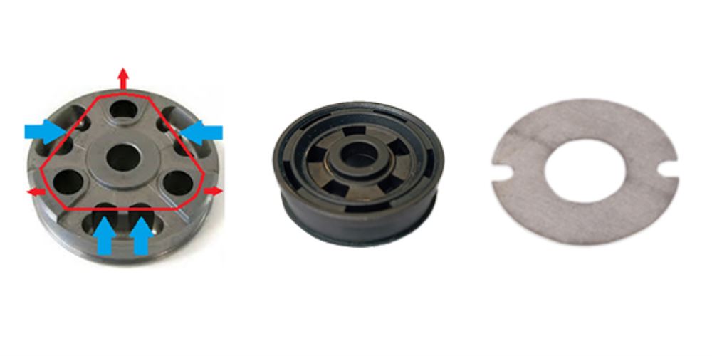 Triangular shims and calibrators for digressive pistons